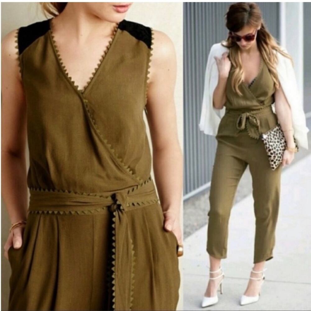 Anthropologie Leifsdottir Sani Sleeveless Green Surplice Wrap Utility Jumpsuita